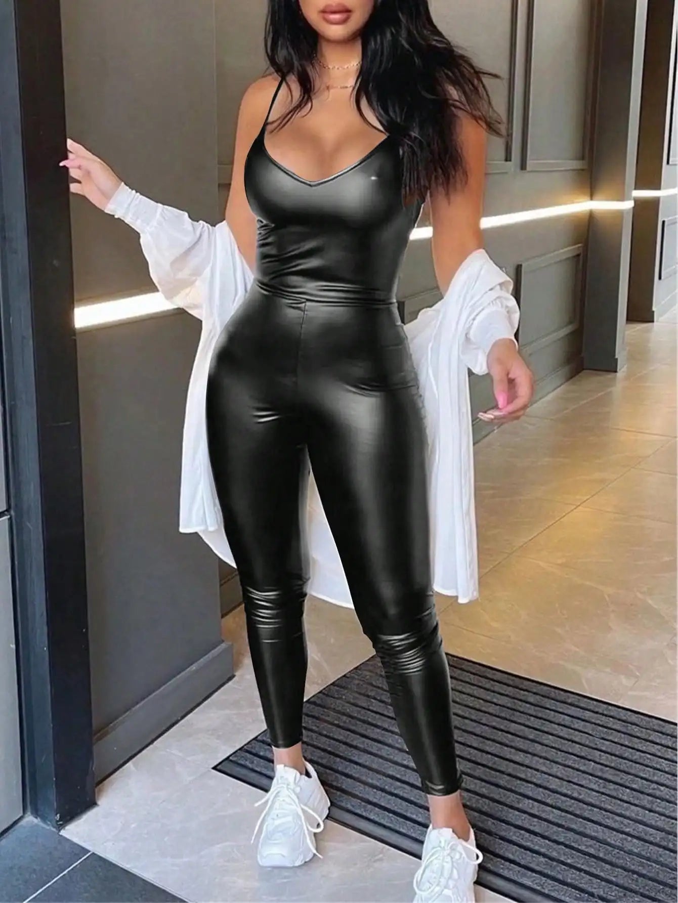 2025 New Women's Sexy Bodysuit Sleeveless V-neck PU Leather Dance Party Tight Bodysuit