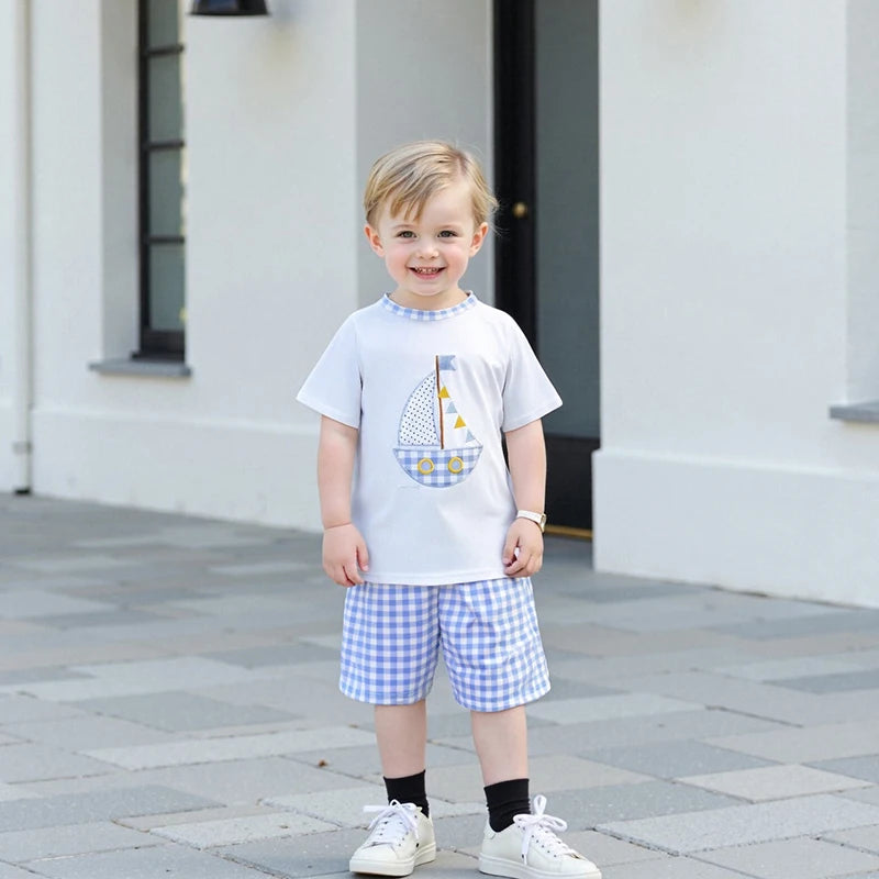 Adorable Infant Boy Nautical Theme Outfit with Anchor Applique Tee and Striped Shorts Set for Summer Fun