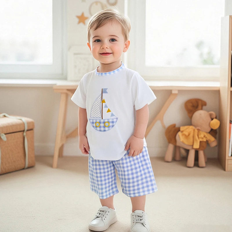 Adorable Infant Boy Nautical Theme Outfit with Anchor Applique Tee and Striped Shorts Set for Summer Fun