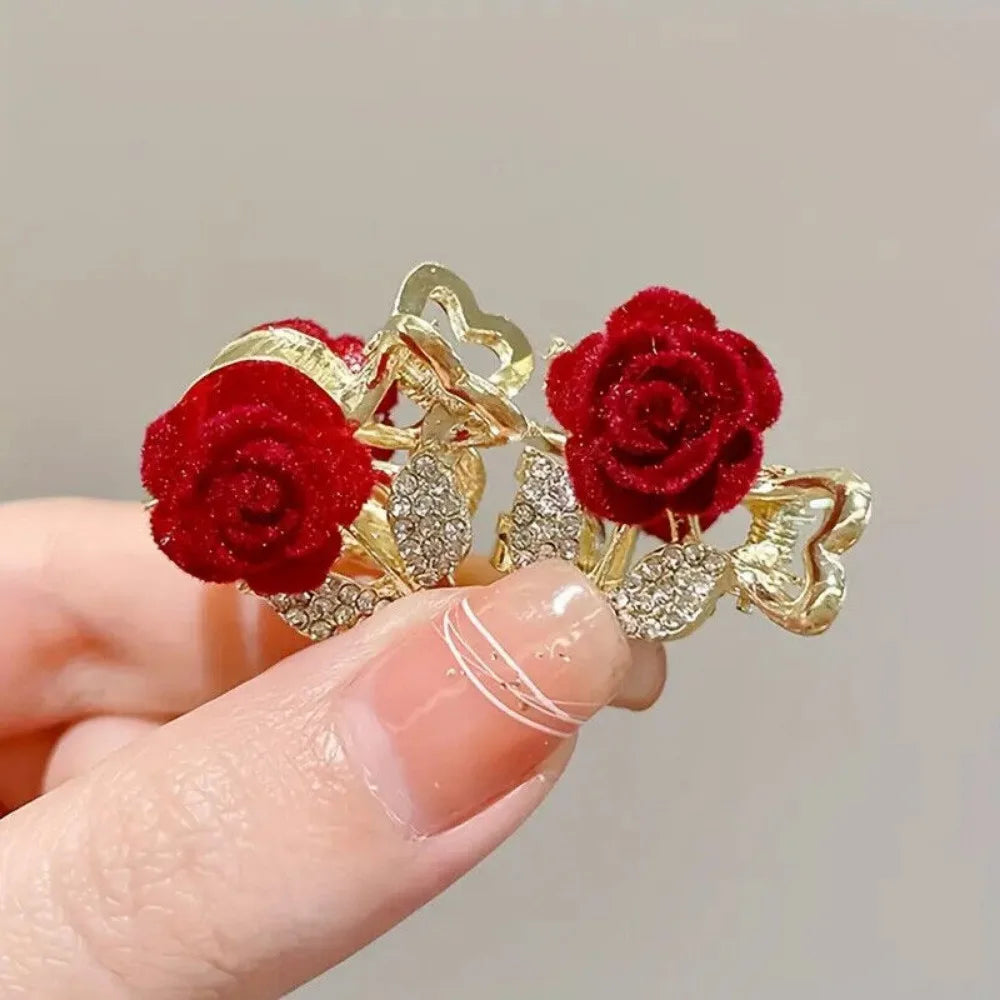 Mini Rhinestone Hair Claws Clip Velvet Rose Hair Clip Hair Clamp Clip Rose Hair Barrettes, Wine Red