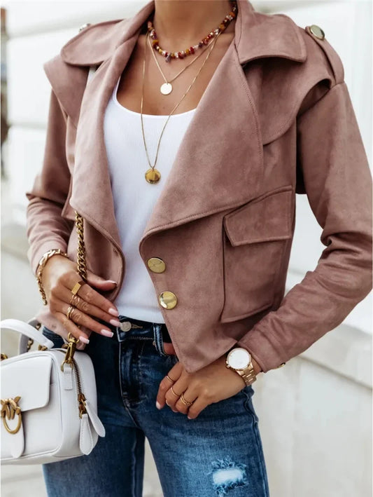 Deer Skin Velvet Elegant Jacket Women Turn Down Collar Long Sleeve Slim Coat Solid Buttons Overcoat Punk Jacket Non Suede