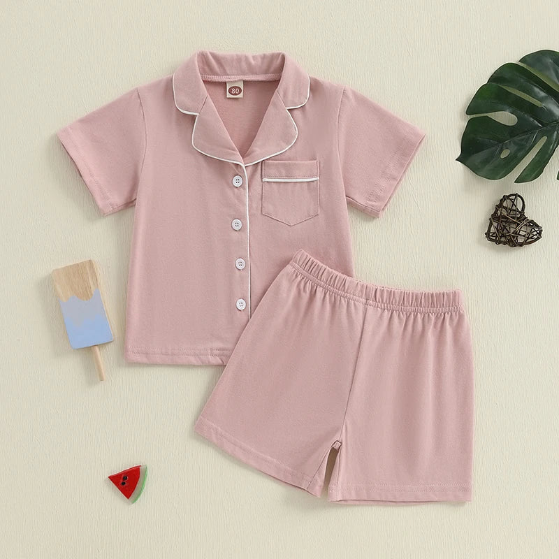 Girls Summer Pajama Set with Short Sleeve Patchwork Shirts and Elastic Waist Shorts - 2 Piece Lounge Suit for Sleepwear