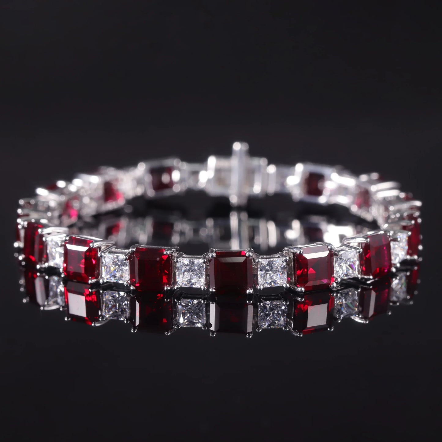 GEM'S BALLET Square Princess Cut Lab Created  Ruby Tennis Bracelet Real Sterling Silver 925 Fancy Party Wear Bracelet Gift