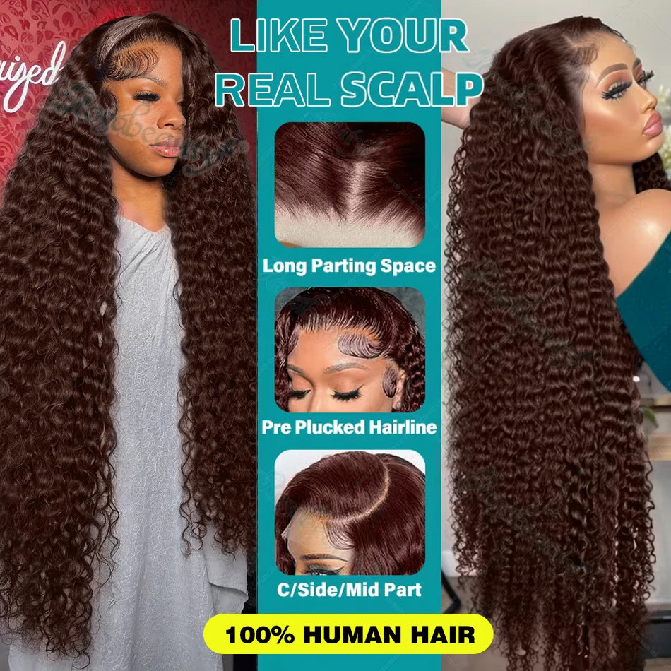 Rosabeauty Chocolate Brown Curly Wigs 13X6 HD Human Hair Lace Frontal Wig 30 32 Inch 13x4 Deep Wave #2 Colored Wig For Women