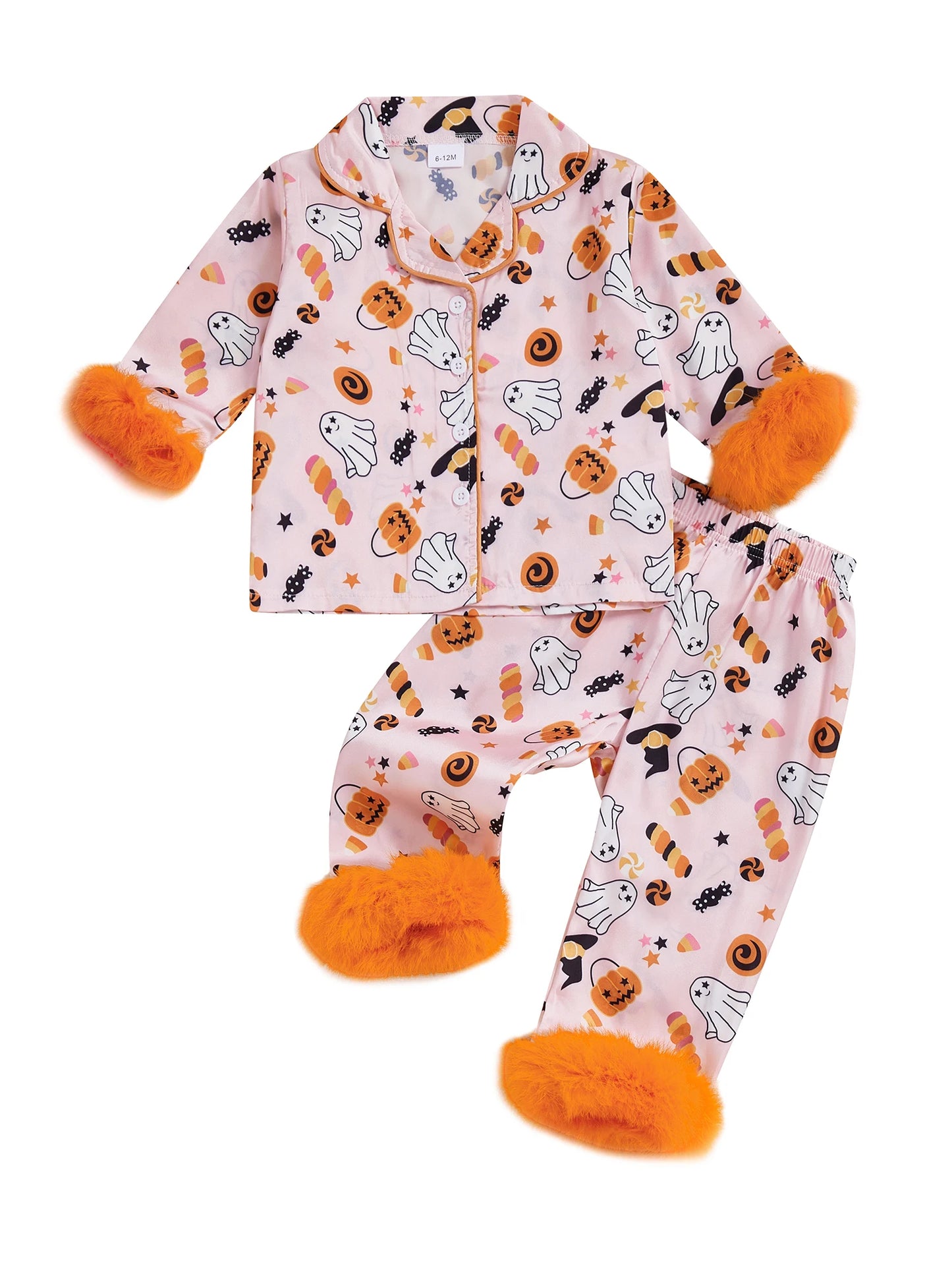 Kids Halloween Satin Pajamas Set Witch Print Lapel Long Sleeve Button Down Tops with Pants Sleepwear for Little Girls