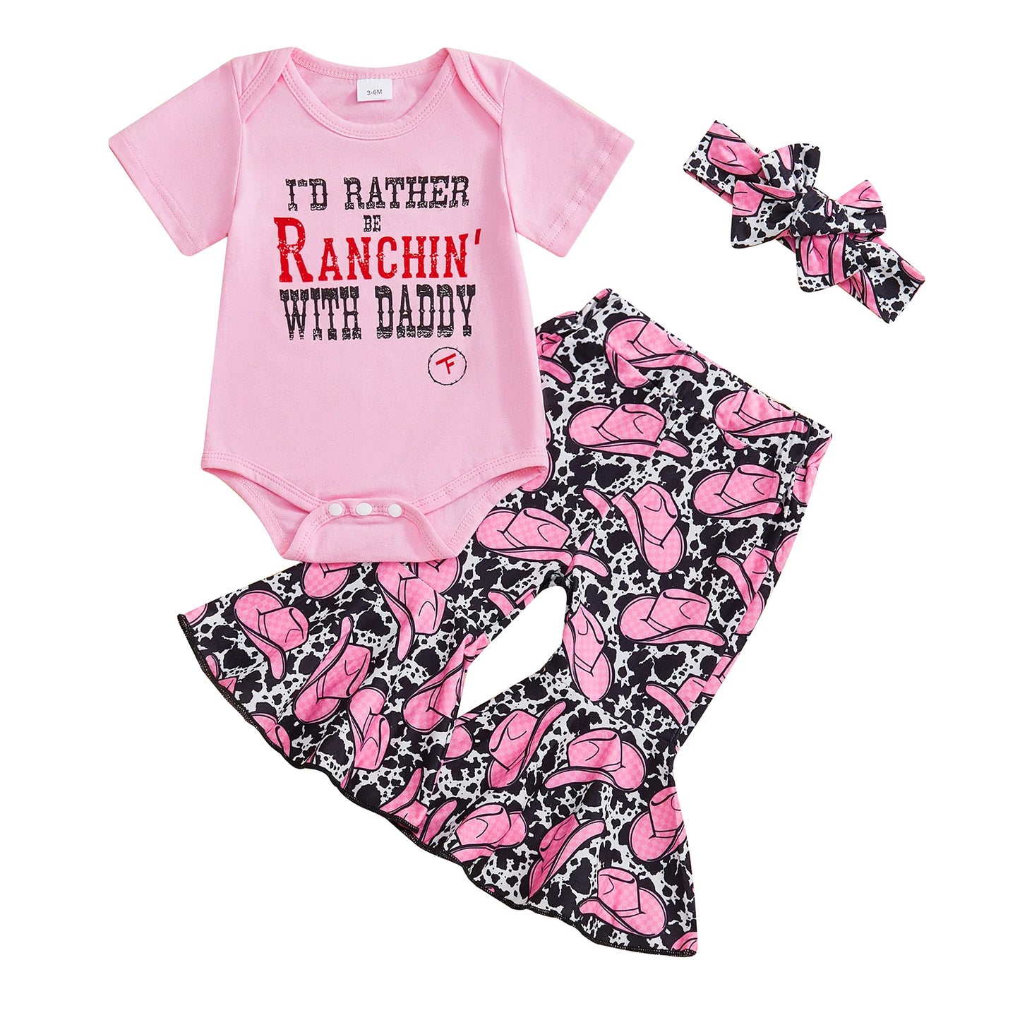 Adorable Toddler Cowgirl Costume with Western Print Romper Flared Pants and Matching Headband - 3 Piece Set for Country Style