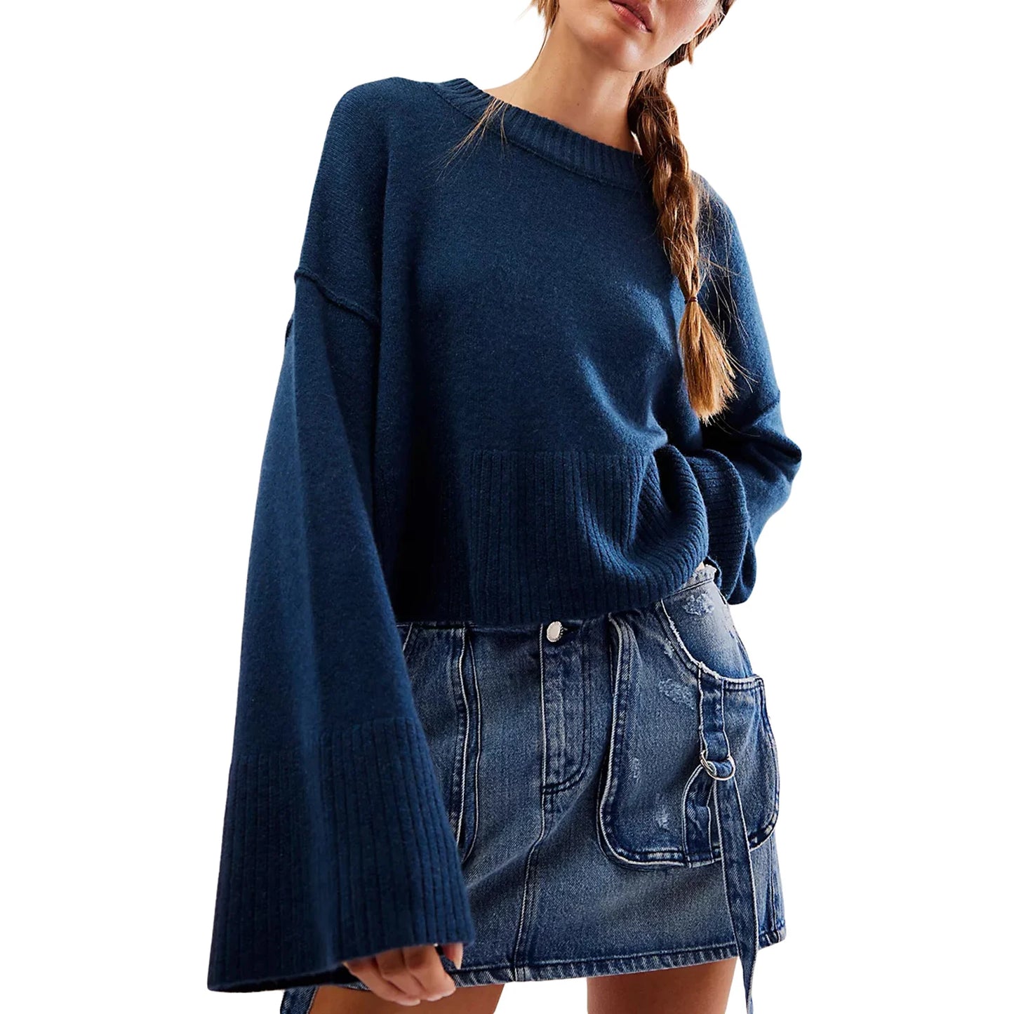 Women s Autumn Winter Knit Sweater Long Flared Sleeve Solid Color Loose Knitwear