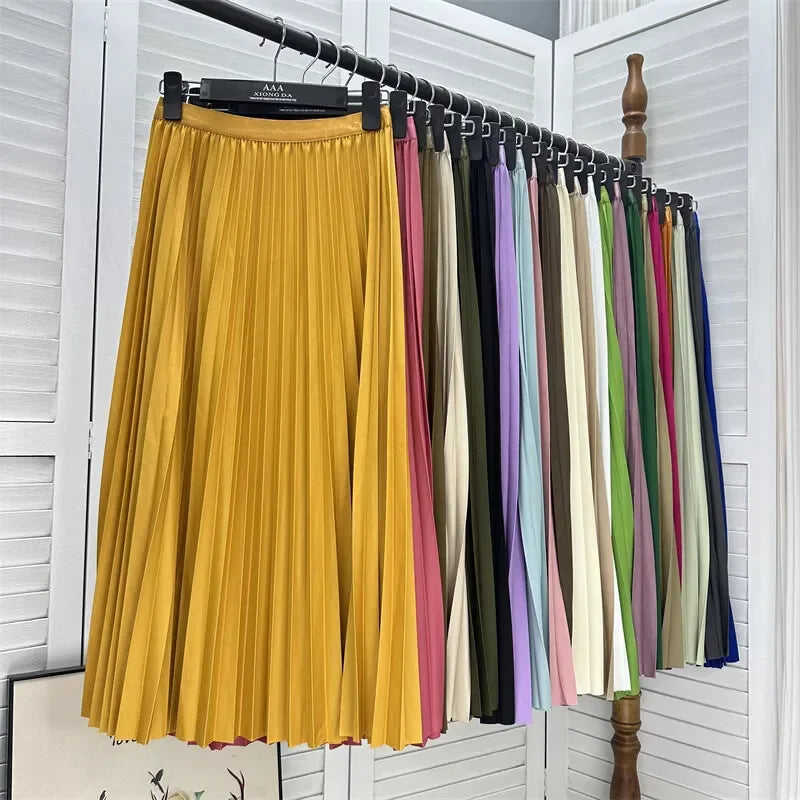2025 Women Elegant Pleated Skirt High Waist Women Mid-long Skirt Female Ladies High Quality Women Midi Skirt Black Saia