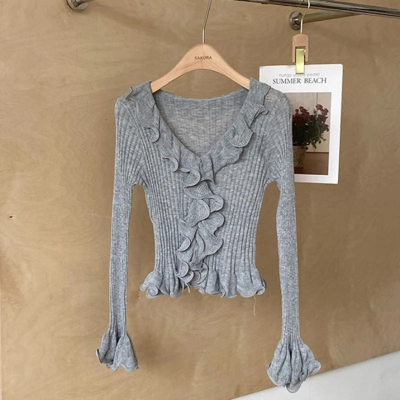 Women's Ruffled Sweater Long Sleeve Slim Fit Rib Knit Top Pullover Jumper Ladies Knitwear Autumn Winter Fairycore Outfit