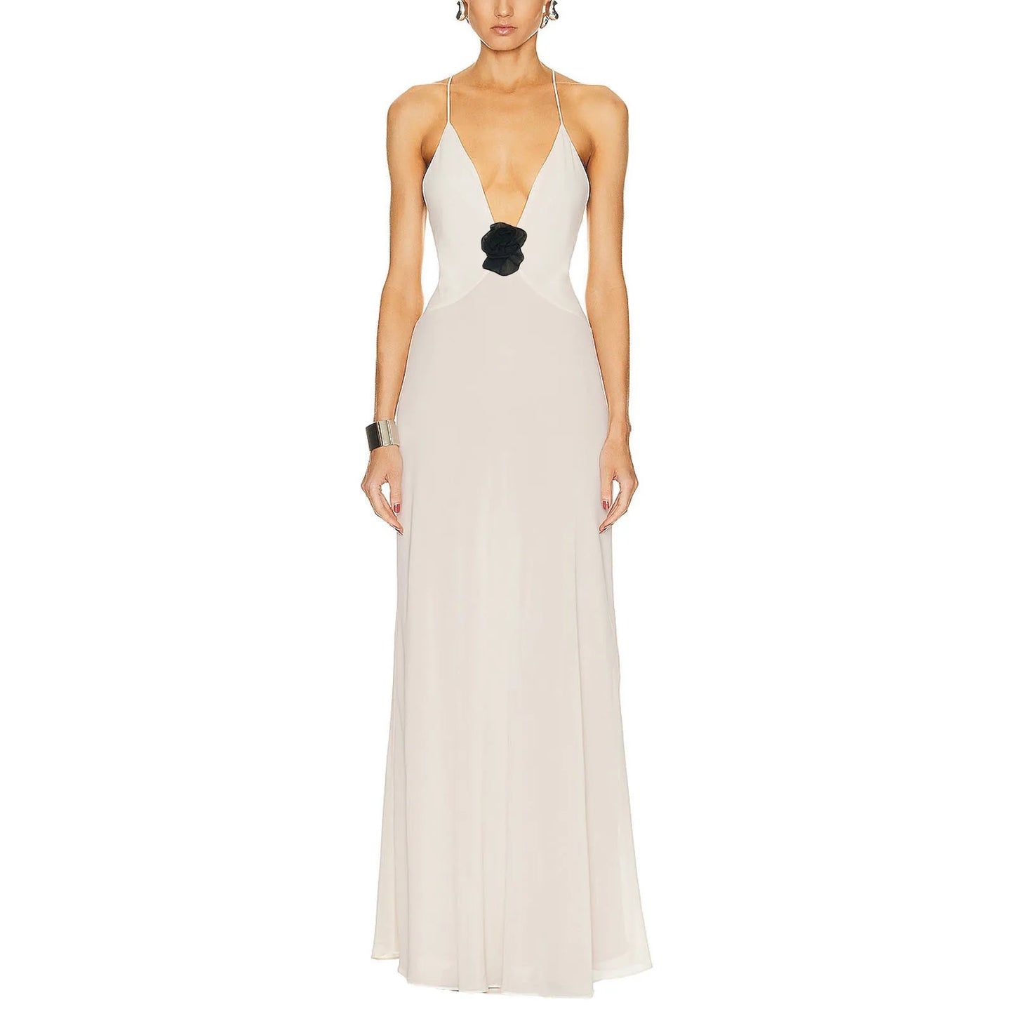 Elegant Women s Sleeveless V Neck Maxi Dress with Floral Embellishments for Summer Evening Parties and Events