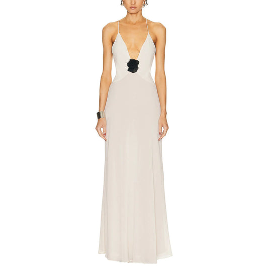 Elegant Women s Sleeveless V Neck Maxi Dress with Floral Embellishments for Summer Evening Parties and Events