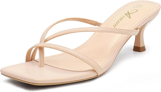Women's Strappy Kitten Heels Flip Flops Square Open Toe Low Heels Fashion Party Dress Thong Heeled Sandals