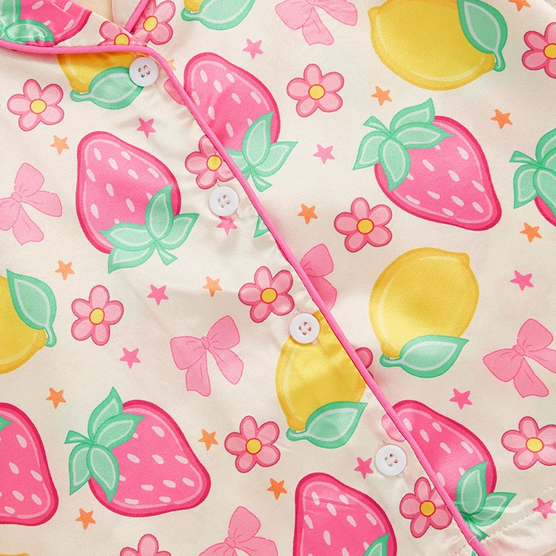 Girls Cute Summer Pajama Set with Bow Detail Fruit Print Lapel Collar Short Sleeves Button Down Top Shorts and Satin