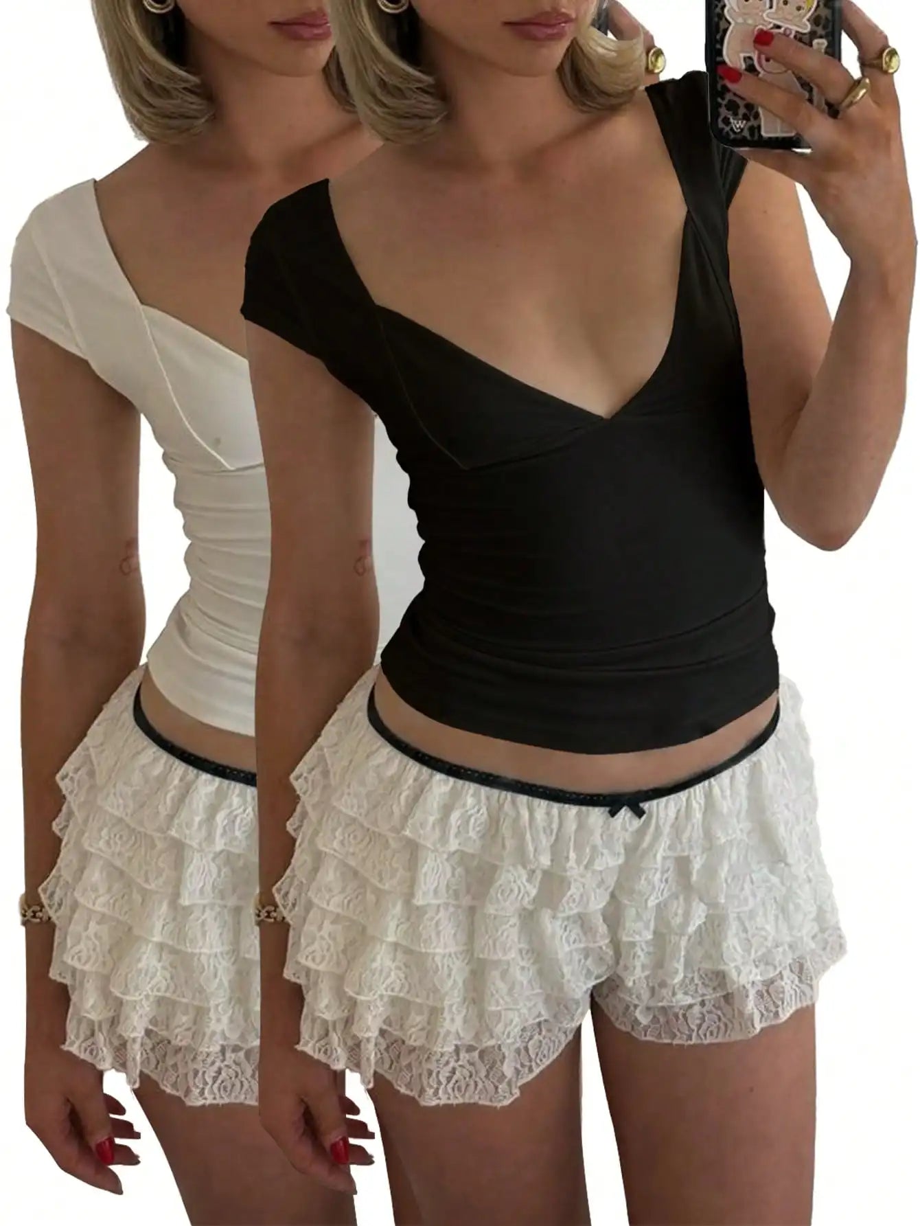 Two Women's V-neck Short-sleeved Crop Tops Y2K Tight T-shirts Summer 2025 Slim-fit Casual Short-sleeved Vests