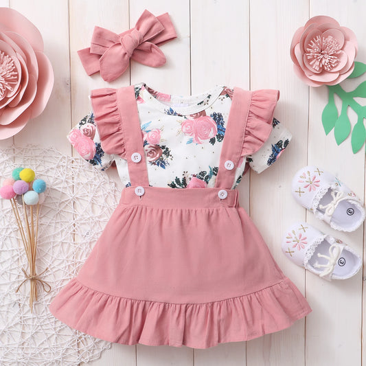 3Pcs Baby Girl Beautiful Flower Bodysuit Ruffled Shoulder Strap skirt+Headband Set 0-24 Months Toddler Baby Girl Summer Set