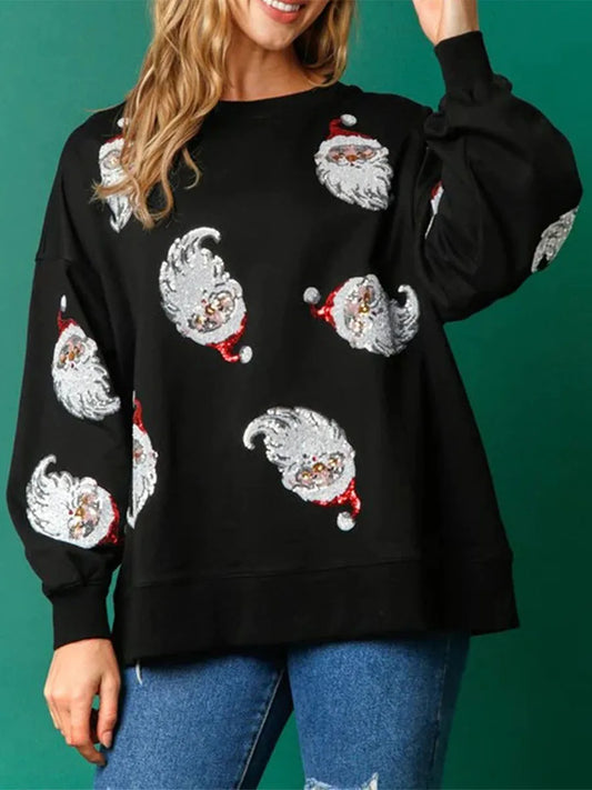 Women’s Crewneck Sweatshirt Loose Santa Claus Sequins Print Long Lantern Sleeve Tops for Christmas
