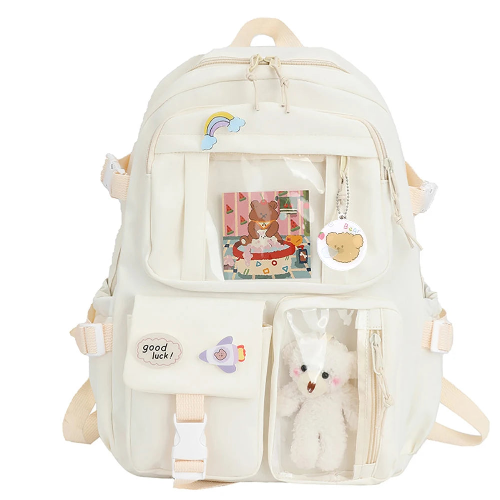 Laptop Backpack Fashion College Student Rucksack with Plush Pendant Pin Cute Kawaii Large Capacity Japanese Style for Teen Girls