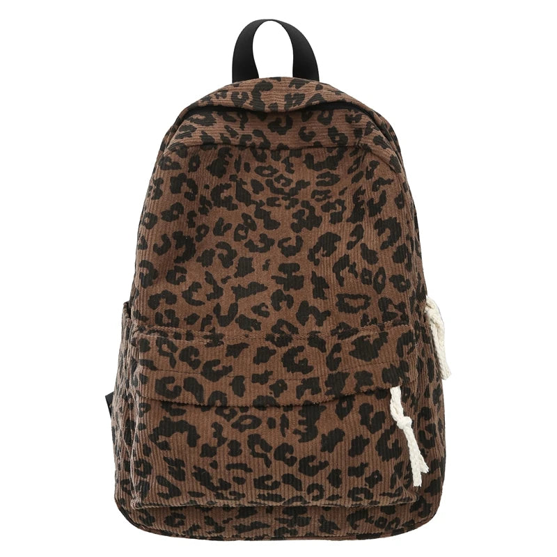 Corduroy Leopard Backpack Teenagers School Bag Large Capacity Stylish Shoulder Backpack Multi Pockets Travel Rucksack