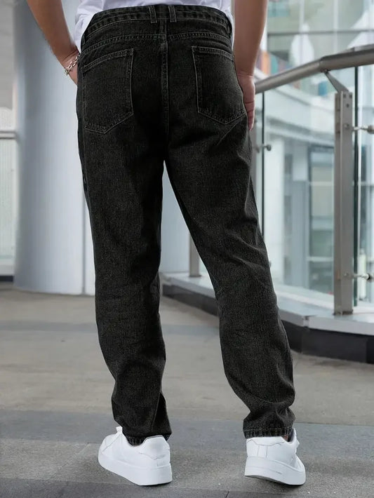 Men's Classic Black Washed Casual Jeans - Straight Leg Fit, Non-Stretch Denim, All-Season Wear, Comfortable & Stylish for Everyd