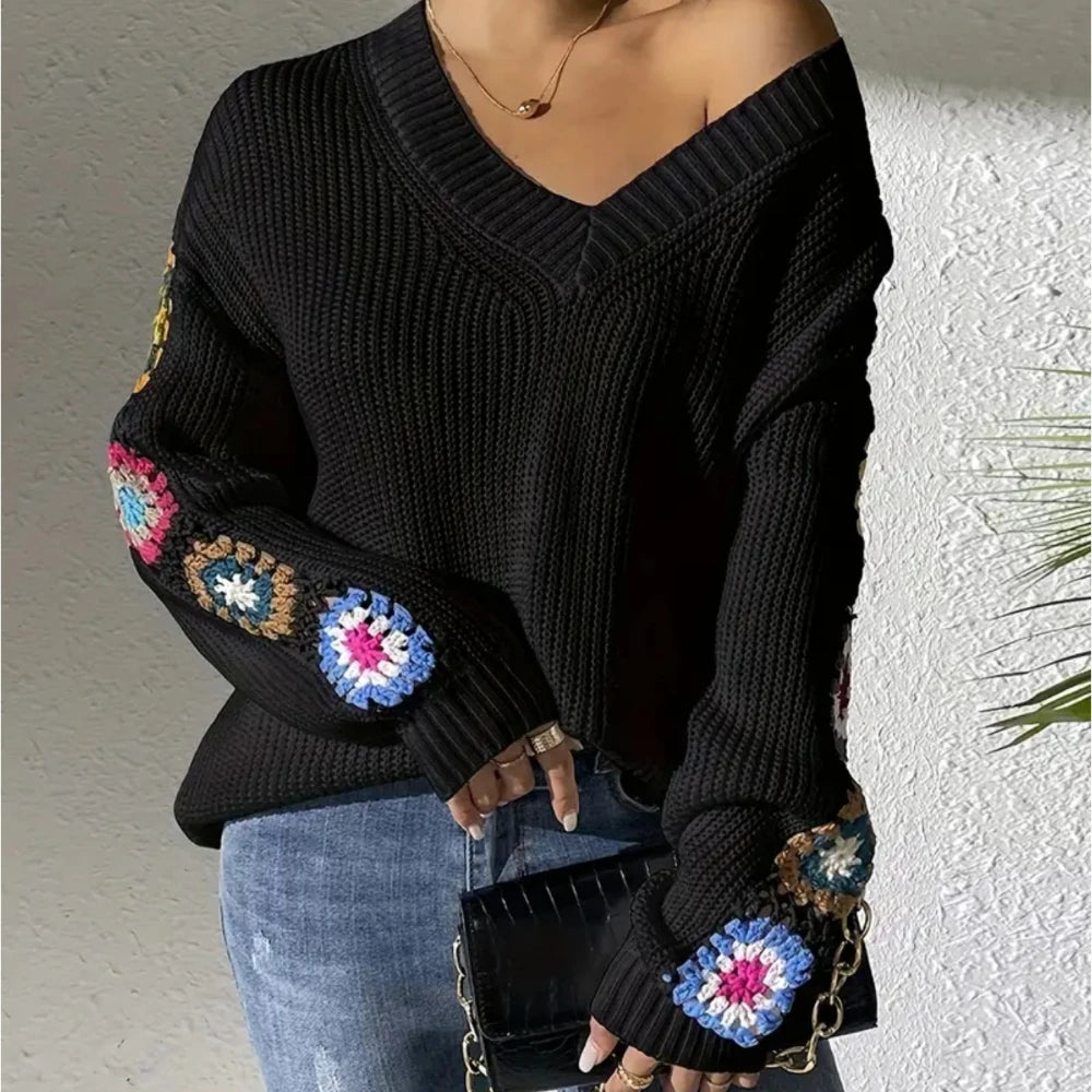 Elegant Solid Color Sweater With Embroidery Design, Unique Cuff Detail, Suitable For All Occasions