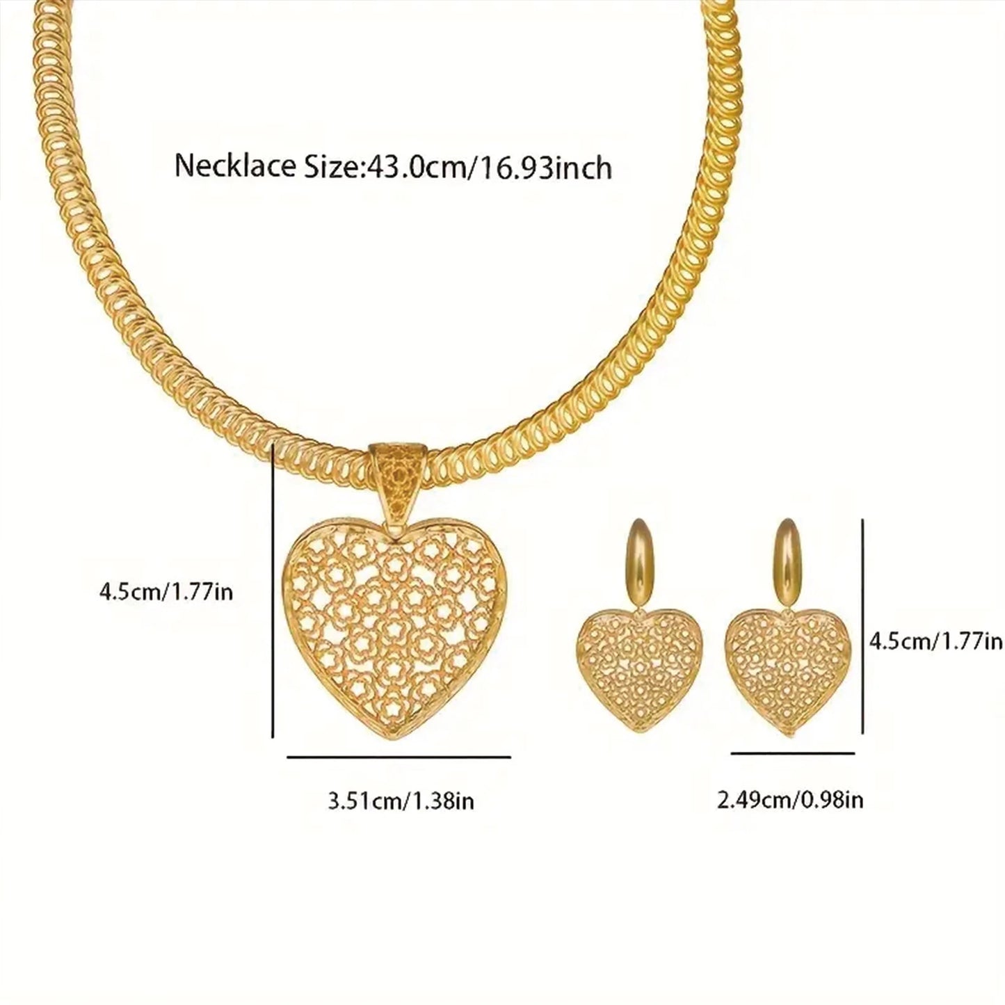 925 Silver, 2 Piece Elegant 18K Gold Plated Jewellery Set - Boho Chic Heart Pendant Necklace and Matching Earrings, Anti-Allergy