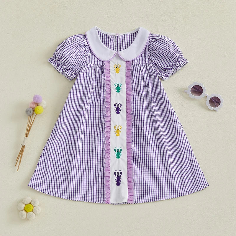 Adorable Toddler Girl Dress with Cute Short Sleeves and Doll Collar Featuring Lobster Embroidery on Plaid Pattern - Perfect
