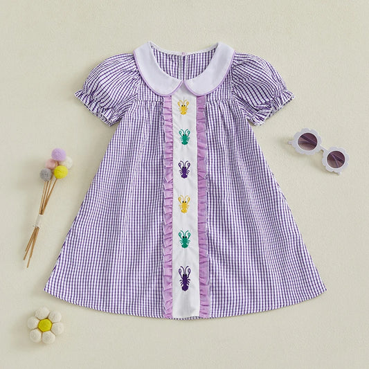 Adorable Toddler Girl Dress with Cute Short Sleeves and Doll Collar Featuring Lobster Embroidery on Plaid Pattern - Perfect