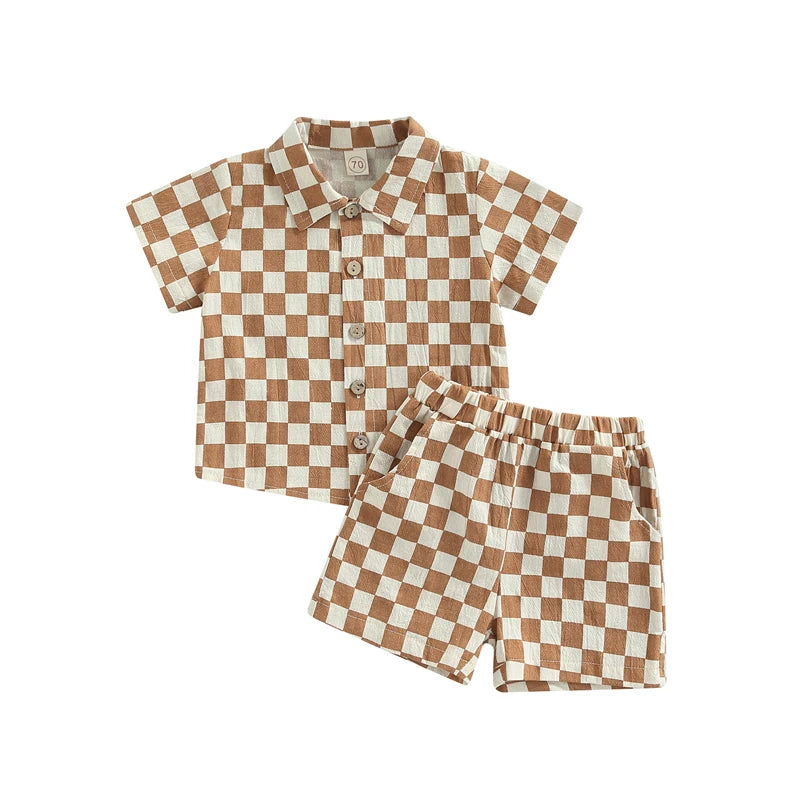 Children s Boys Outfit Stylish Lapel Neck Buttoned Shirt with Short Sleeves Casual Summer Shorts for a Complete Look