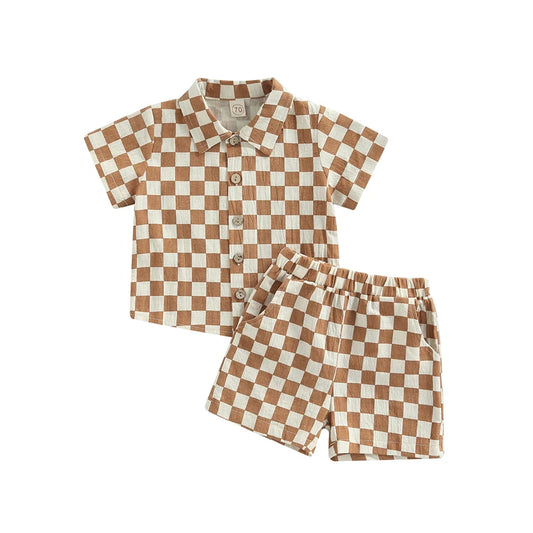 Children s Boys Outfit Stylish Lapel Neck Buttoned Shirt with Short Sleeves Casual Summer Shorts for a Complete Look