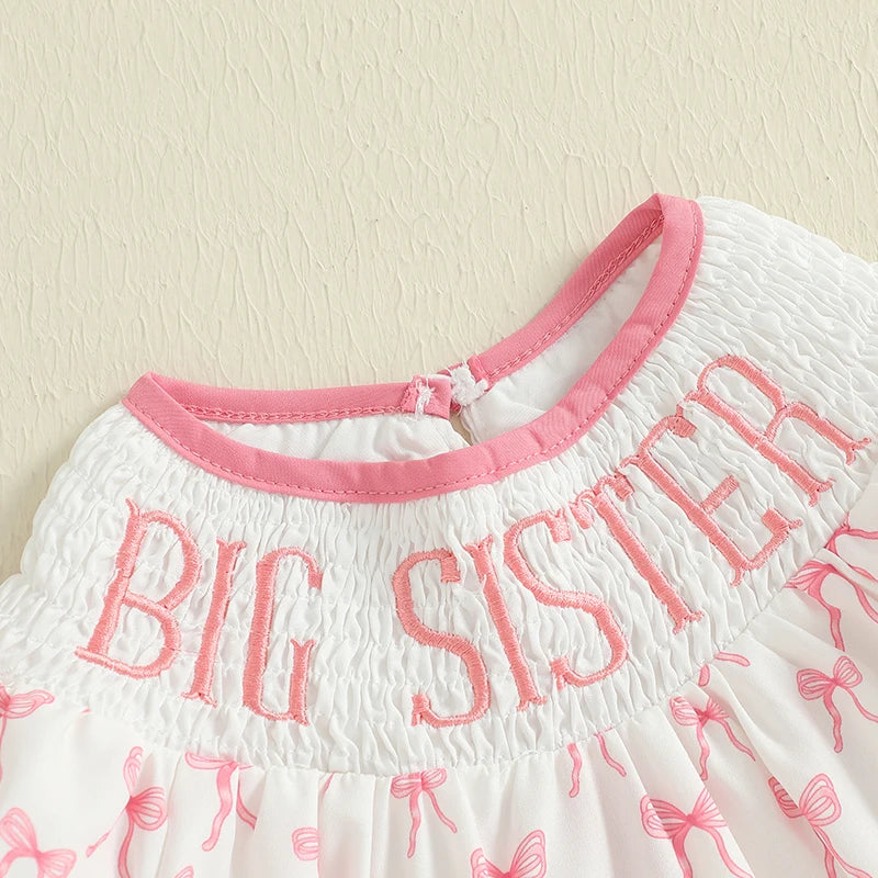Cute Baby Girls Floral Print Ruffle Sleeve Round Neck Casual Dress Toddler Summer Dress with Bow Detail and Embroidered Letters