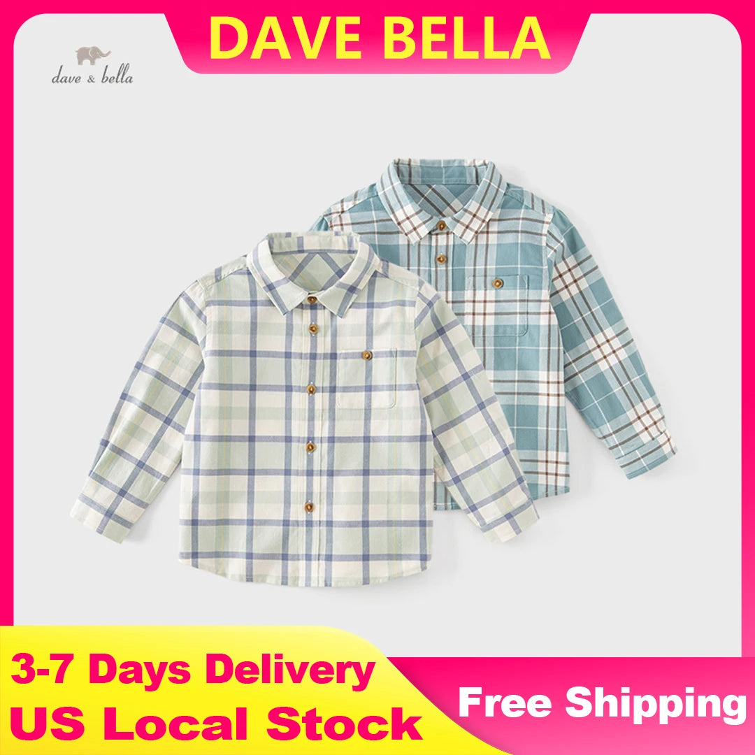 Dave Bella Boys Plaid Blouse Shirts Spring Fall Long Sleeve Button-Down Top for Childern Cotton Shirt Coat DB3224618-A