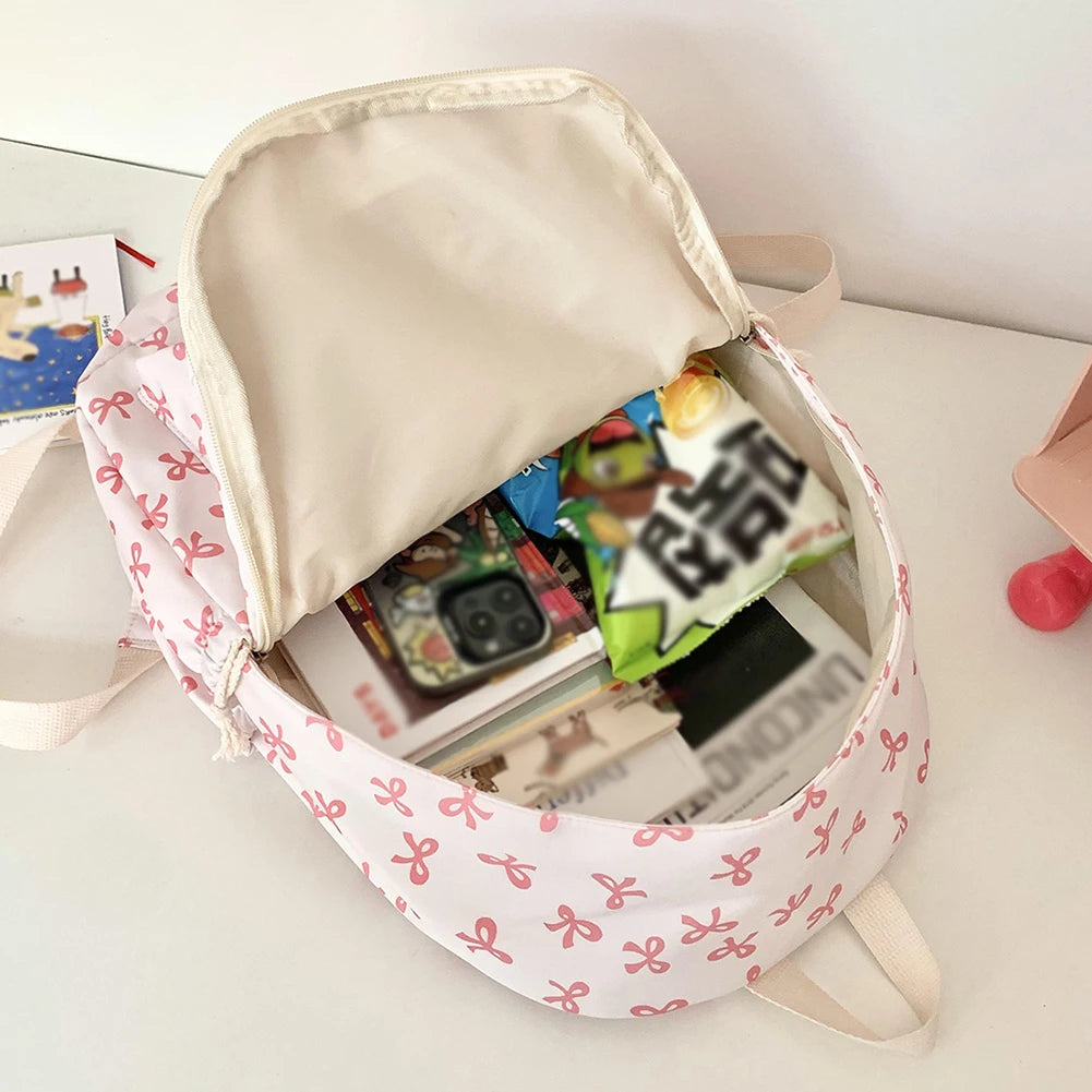 Bow Print Bookbag Preppy Travel Daypack Middle School Bag for Teen Girls