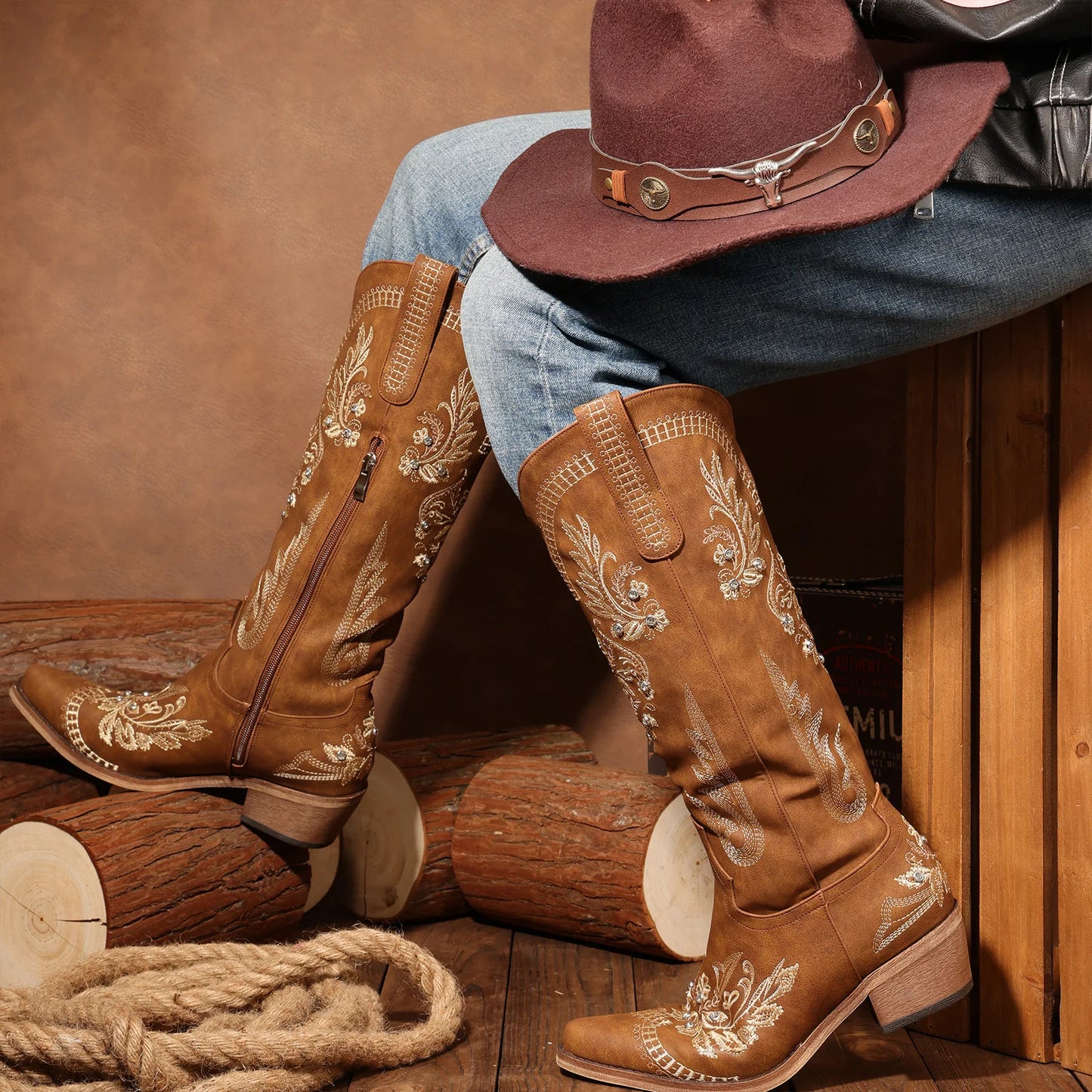 Cowboy Boots for Women - Wide Calf Knee High Western Cowgirl Boots, Sparkly Rhinestone Retro Country Boots Brown