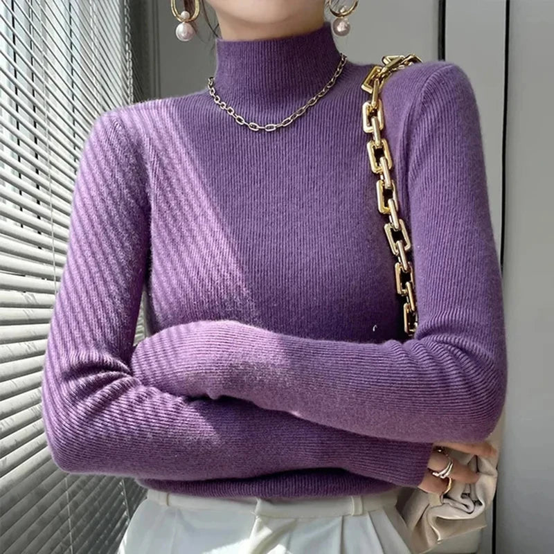 Solid Sweater Women Half Turtleneck Knitted Pullovers Harajuku Korean Thick Knitwear Autumn Winter Fashion Slim Jumpers