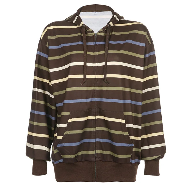 Women Zip Up Drawstring Hoodie Casual Striped Long Sleeve Sweatshirt Jacket Autumn Streetwear