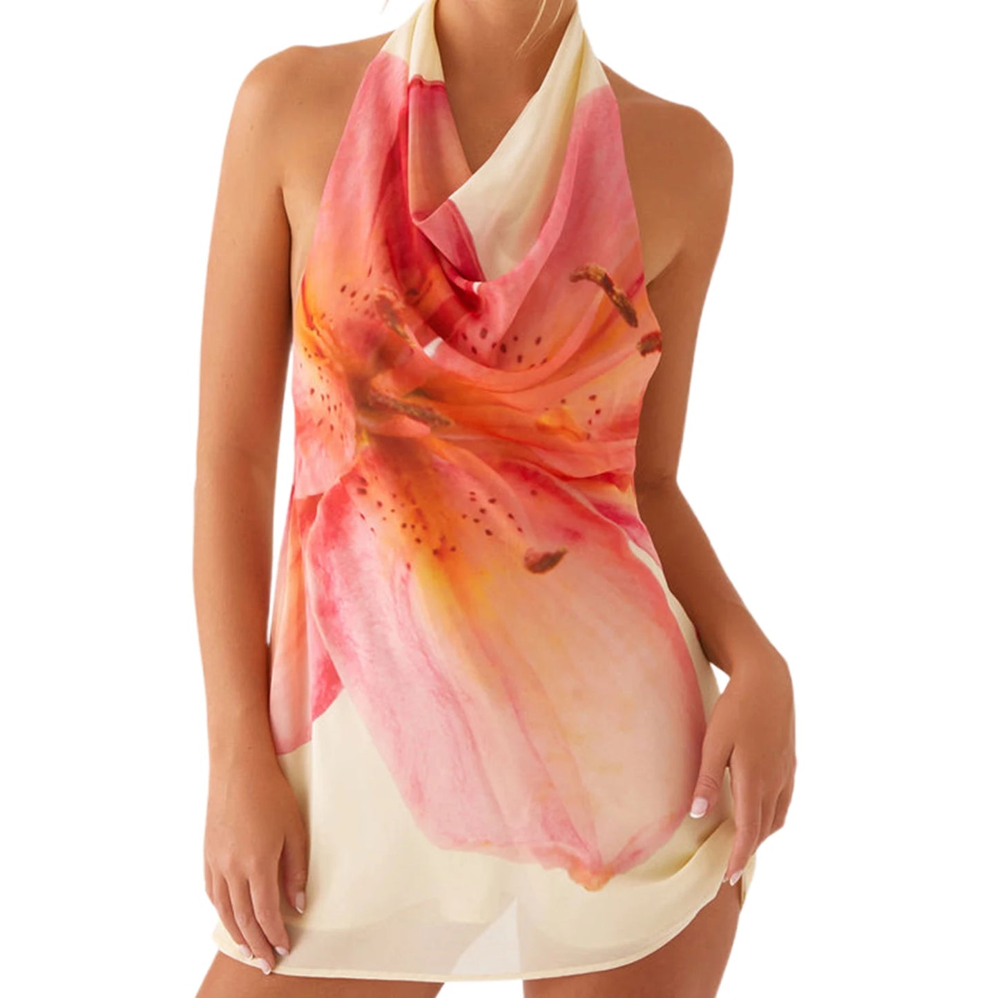 Elegant Floral Print Sleeveless Halter Neck Mini Dress for Women Perfect for Summer Parties Clubbing and Vacations