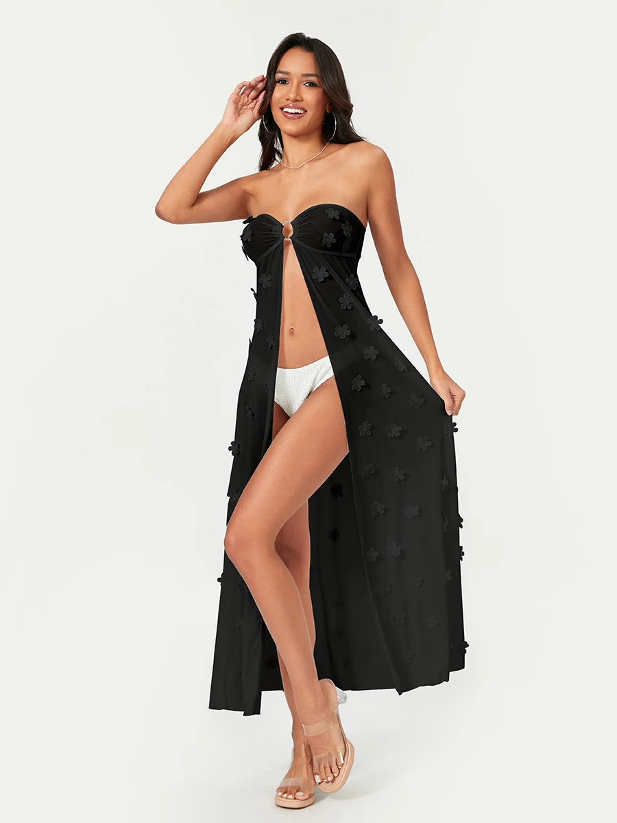 Women Beach Cover Up Flower Embellished See-Through Strapless Summer Swimsuit Coverup Bathing Suit Cover Ups Dresses
