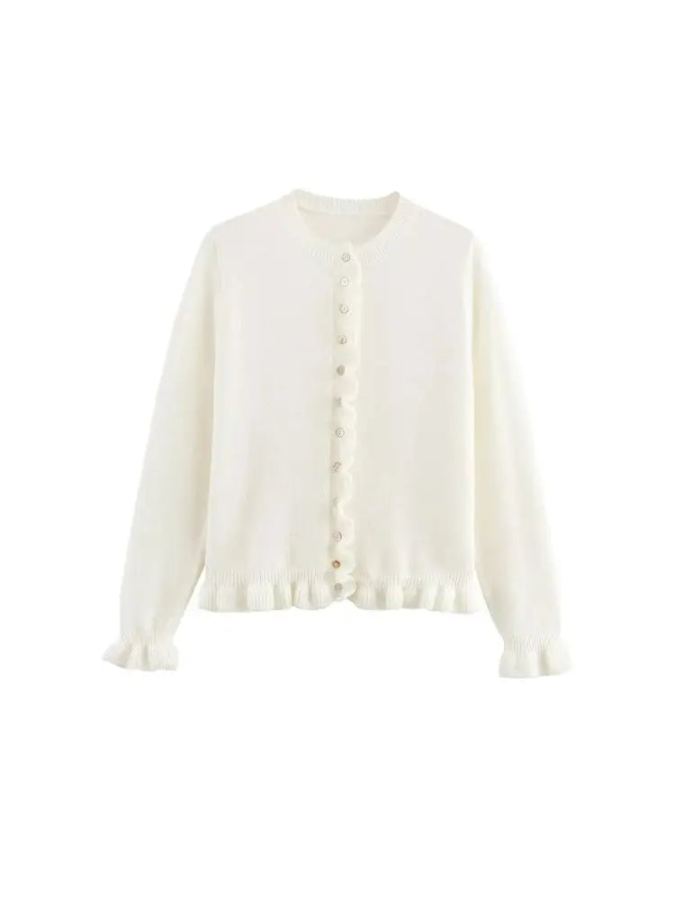 Women's Ruffled Knit Cardigan Sweater O-Neck Long Sleeve Chic Top with Front Buttons Fashion Outerwear