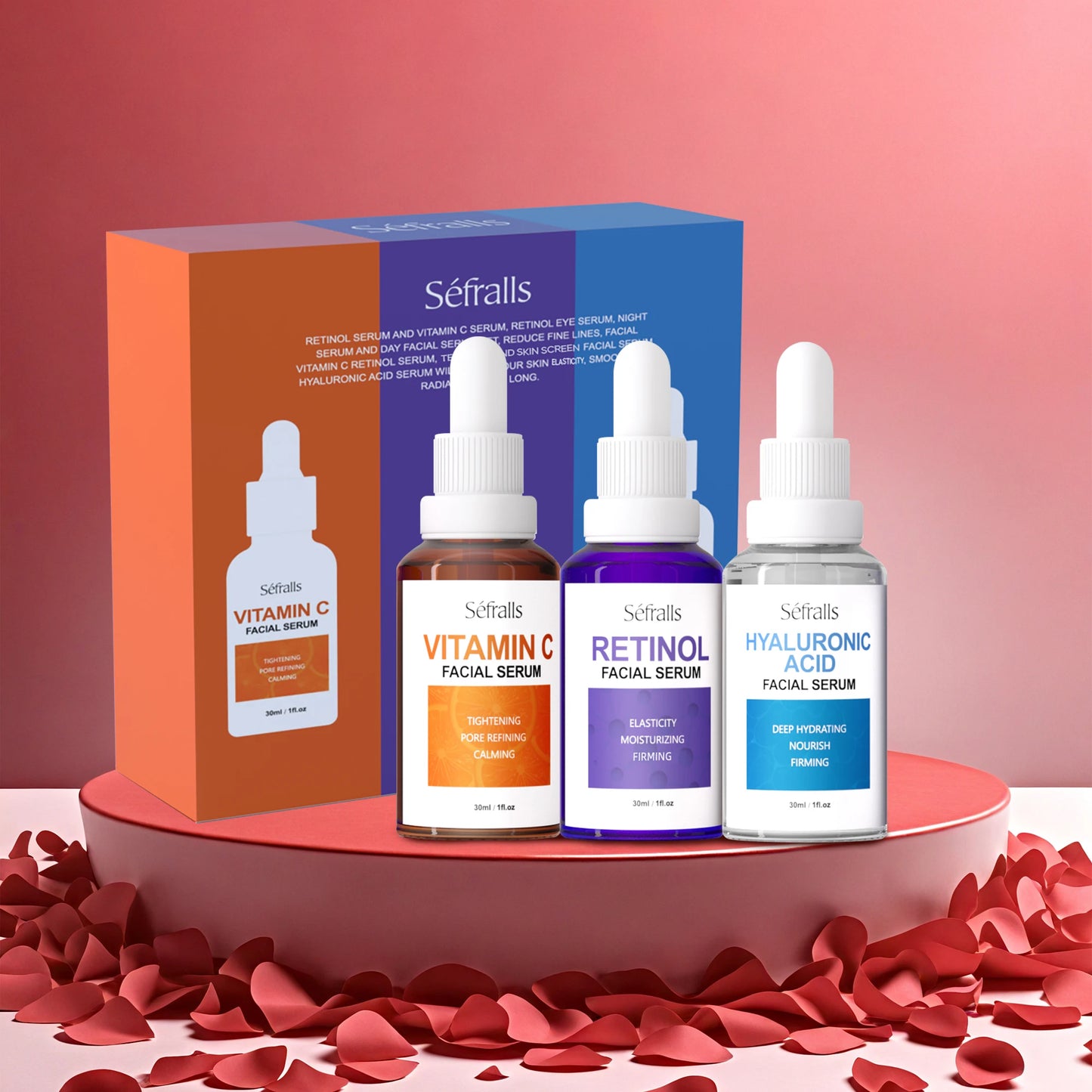 Séfralls Hyaluronic Acid VC Serum with Vitamin C and A. It offers firming effect, hydrates, whitens, shrinks pores, is anti