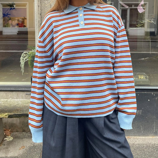 Women s Striped Collared Sweater with Loose Fit and Long Sleeves - Stylish Pullover Knit Top for Casual Winter and Fall Fashion