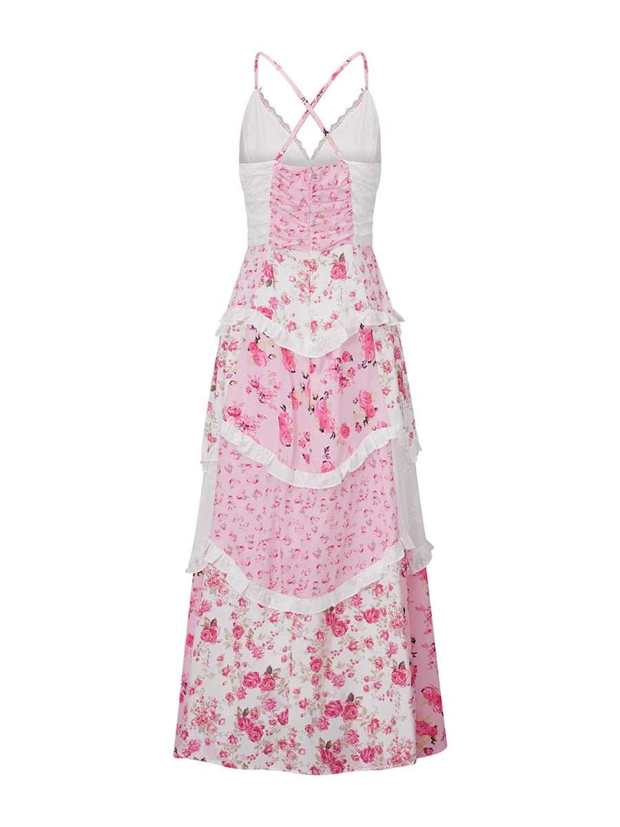 Elegant Boho Chic Maxi Dress with Floral Print and Delicate Lace Details Sleeveless V-Neck A-Line Dress for Summer Wedding or