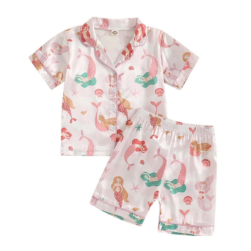Girls Pajamas Set with Cute Unicorn Print and Matching Elastic Shorts for Comfortable Loungewear and Sleepwear