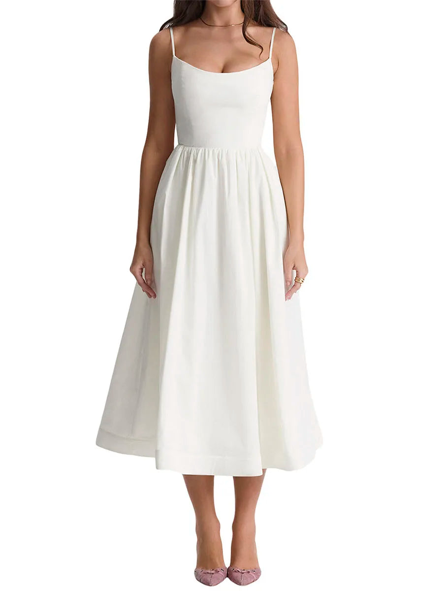 Women s Summer Midi Dress Solid Color Sleeveless Backless Party Dress Spaghetti Strap Beach Dress