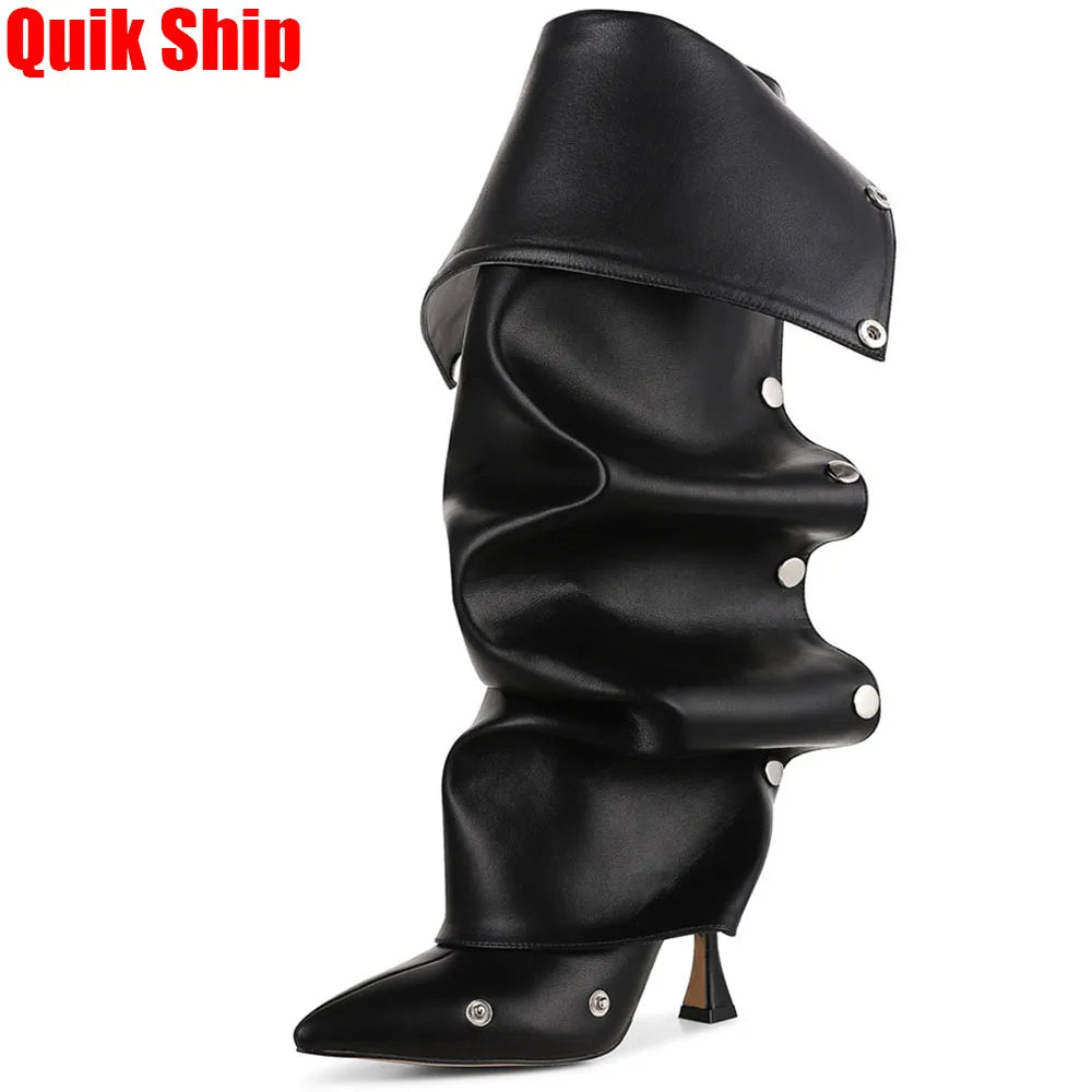 GIGIFOX Knee High Fold Over Boots For Women Stiletto High Heels Pointed Toe Back Zipper Shoes Adjustable Buckle Mid-calf Boots