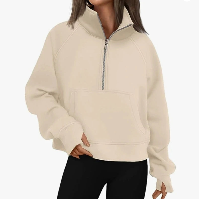 New Women's Spring Autumn Winter Stand Collar Plus Fleece Solid Color Hoodie Long Sleeve Pocket Loose Half Zip Pullover Hoodie