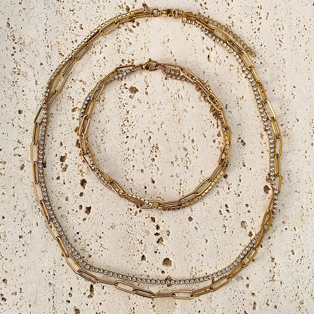 Lxalry 18K Gold Plated Waterproof Double Layer Chain Necklace & Bracelet Set – Non-Tarnish, Hypoallergenic, Summer Jewelry