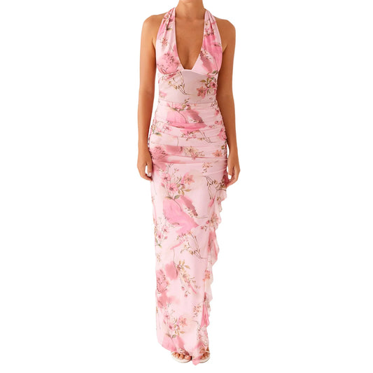 Elegant Off Shoulder Maxi Dress with Ruffle Detail and Slit Sleeveless Floral Print Bodycon Evening Gown for Women