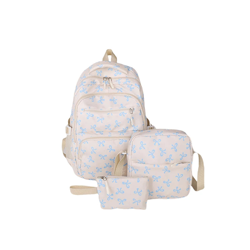 3Pcs/Set Bow Print Backpack with Crossbody Bag and Small Purse Bow Student Bookbag Simple Backpack for Elementary Middle Kids