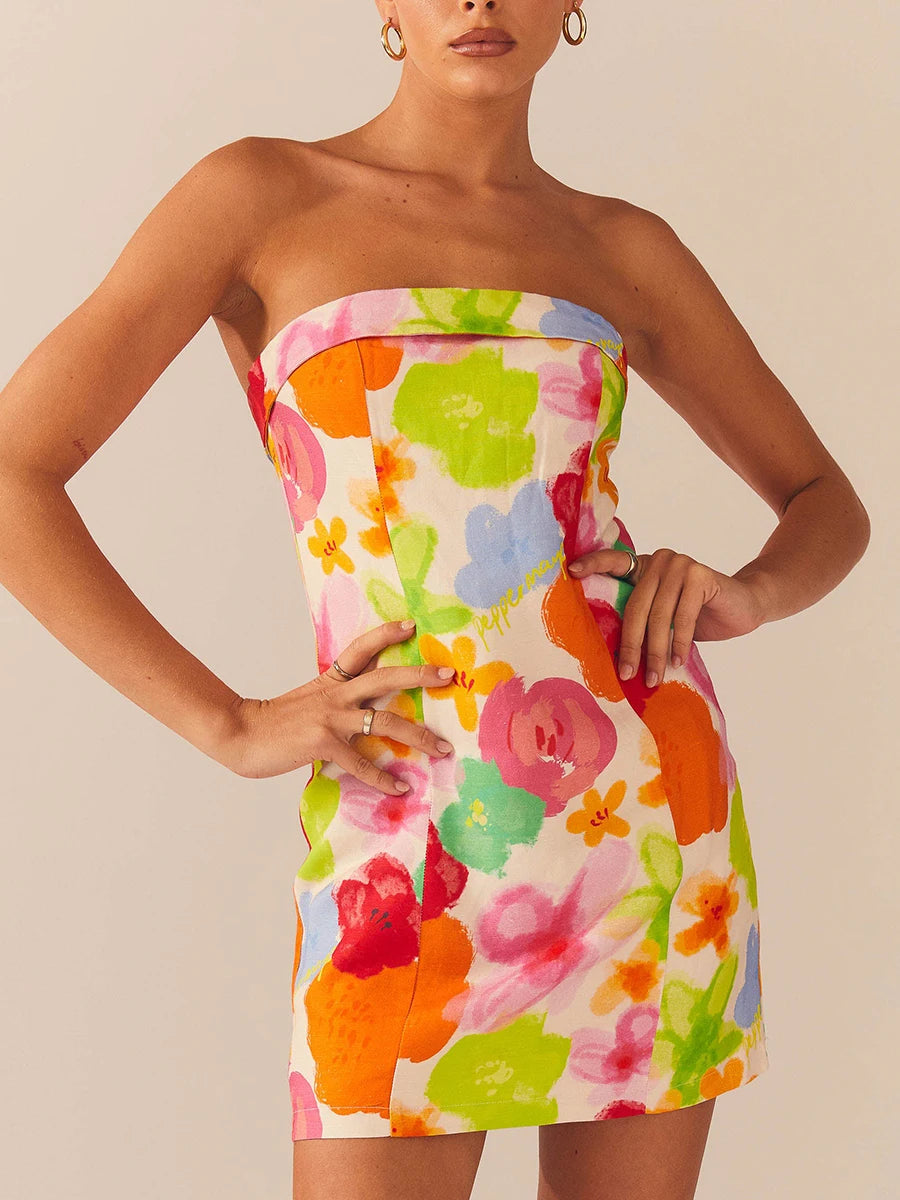 Women Bodycon Dress Sleeveless Backless Flower Car Print  Fit Summer Mini Dress Clubwear