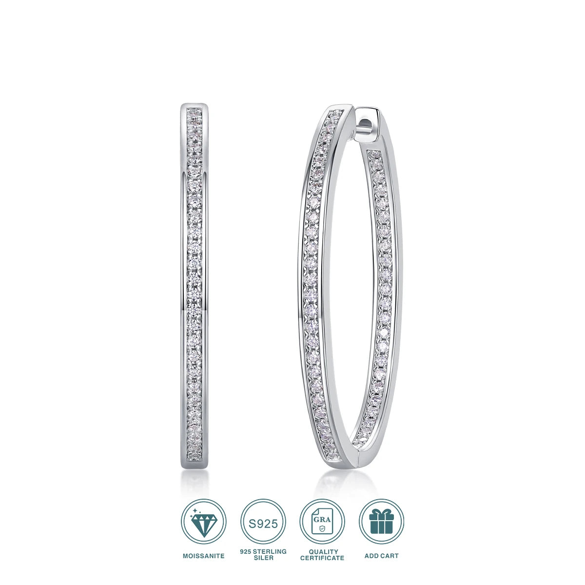 2pcs Moissanite Oval Hoop Earrings 925 Sterling Silver 18K Gold Plated Classic Full Pavé Design Gift Comes with GRA